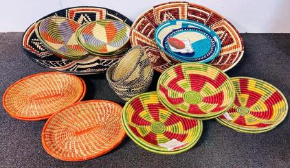Variety Of Handwoven Rwandan Baskets, Multicolored Geometric Patterns, 8"-24" Diameter