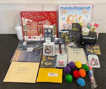 BRAND NEW PRODUCTS!! Including (1) 24 Days Of Christmas Elf Kit, (2) Pack Of Medium CelerSport Socks, Diymag Neodymium Magnetic Hooks, And So Much More!!