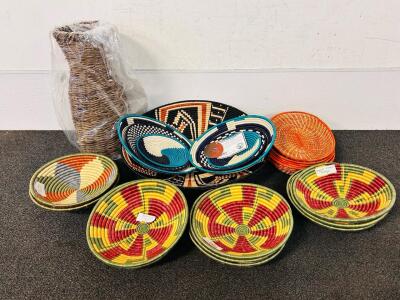 Variety Of Handwoven Rwandan Baskets, Multicolored Geometric Patterns, 8"-24" Diameter