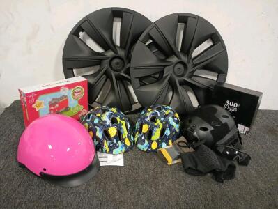 (2) Small Bicycle Helmets, 1 Small Pink Horse Riding Helmet, 1 Mountain Bike Helmet With Glasses And Face Mask, (4) 19" Wheel Covers, And More!