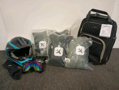 Dirt Bike Off-Road Motocross ATV Motorcycle Helmet With Face Mask And Goggles, Size Large, (4) Airplane Travel Blankets, Winilla Travel Backpack With Wheels