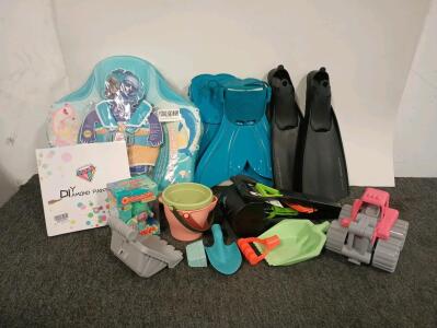 Get Ready For The Beach! (2) Pairs Of Small Diving Fins, (2) Pairs Of Small Mermaid Fins, Mambobaby Chest Baby Float And More!