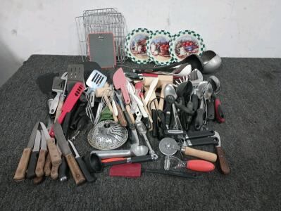 Large Quantity Of Various Kitchen Utensils, Ladels, Spoons, Knives, Spatulas, Cooling Racks, And More!