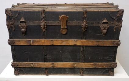 American-Style Flat-Top Steamer Trunk With Wooden Slats and Metal Fittings, Made by Henry Likly and Co. 24" Tallx36" Wide x20" long
