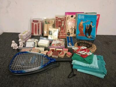 Dunlop Racket Ball Racket Like New, Large Variety Of Rubber Stamps, Fabric Doll Books From The Early 20's, And More