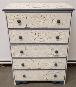 Distressed-Finish Painted Dresser With Five Drawers and Blue Knob Pulls. 42"tall 30"wide 15"deep