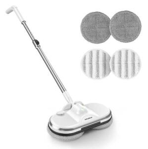 New Electric Mop, AlfaBot WS-24 Cordless Spin Mop for Floor Cleaning, Lightweight & Rechargeable Floor Cleaner with Water Sprayer and LED Headlight for Hardwood and Tile Floors, White New In Box From Amazon