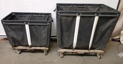 (2) U-Line Royal Basket Trucks 10 cu. ft, 8 cu, ft Black Vinyl Permanent Liner Basket Truck With a Wood Base. 34"x36"x26", 28"x30"x20"