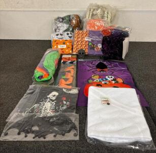 Halloween Decor (3) Small Skeletons (1) Large Skeleton (2) Hanging Ghosts (72) Piece Halloween Party Napkins Witchy Garland (6) Pack Halloween Ribbon (4) Pack Halloween Bags And More
