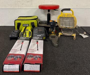 Tool Lot (2) Ryobi Bags (3) Ryobi Battery Chargers (2) Liquid Transfer Pumps (1) Ryobi Trim Router (1) Workforce Lamp And More