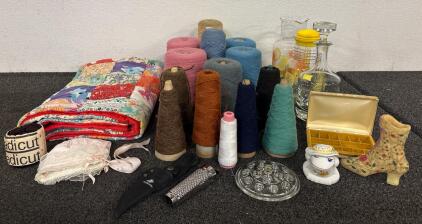 (14) Rools of Various Yarn Including Pink able Green Brown (3) Beverage Dispensers (1) Homemade Baby Blanket And More