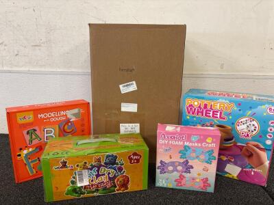 Arts and Craft Lot (1) 120 Piece Magnetic Drawing Board Set (1) Modeling Dough Kit (1) Air Dry Clay Set (1) Dry Foam Mask Kit (1) Pottery Wheel Kit
