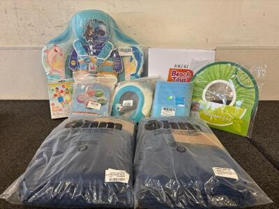 Children And Baby Swim Lot (1) Baby Float (1) NEW IN BOX Variety Of Beach Toys (3) Baby Shampoo Face Guard Hats (2) Sets Arm Floatie Bands (1) Pack Beach Balls (2) 6 Piece Towel Sets