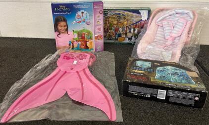 Kids Toys (1) Disney Encanto Antonio Treehouse Playset (1) Christmas Puzzle 1000 Piece (1) Baby Toy Car seat (1) Pair Pink Mermaid Fins (1) Dungeons and Dragons Gelatinius Cube Toy