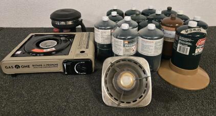 (15) Small Propane Tanks, (2) Propane Stoves & Propane MatchLight