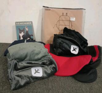 Red And Black Universal Car Seat Covers, (2) XL Men's Jogging Suits, (4) Airplane Travel Blankets, And More!