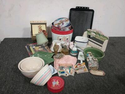 (3) VINTAGE PINK & BLUE BAND McCOY OVEN PROOF USA POTTERY, Mini Oil Lamp, Cookie Tins, And Lots More!
