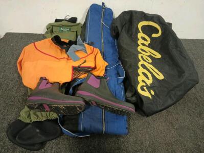 Hodgman Small Chest Waders, 6' Nylon Fishing Rod Case, Cabela's Drift Sock, Wading Shoes Size 10, Kayak Jacket Size Large