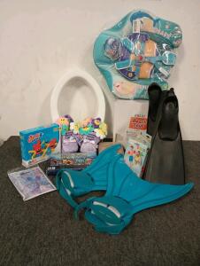 (2) Pairs Size 4-5 Black Diving Fins, 1 Pair Of Size 4-5 Mermaid Fins, Box Of New Beach Toys, Elevated Toilet Seat And More!
