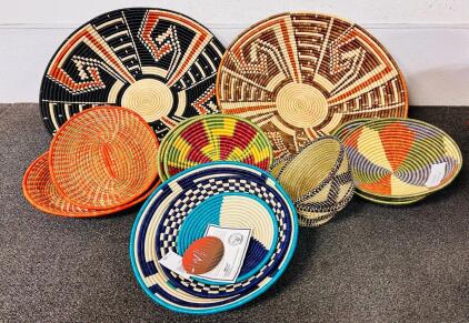 Variety Of Handwoven Rwandan Baskets, Multicolored Geometric Patterns, 8"-24" Diameter