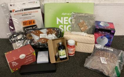 ALL NEW!!! Blisslight Nebula Cloud SkyLite, Neon Sign, (4) Heat Resistant Multipurpose Silicone Microwave Mats, Mens Sandals (Size Unknown), Onion Holder, Lemongrass Essential Oil And More