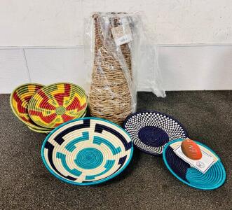 Variety Of Handwoven Rwandan Baskets, Multicolored Geometric Patterns, 11.5"-14.5" Diameter