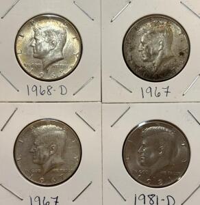 (4) John F. Kennedy Half Dollars 1967/1968D/1981D