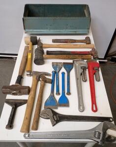 Lot of Tools Including (2) Antique Wooden Single Tree or Ox Yoke, Wooden Axes, And A Tool Box Full of Various Hand Tools And More