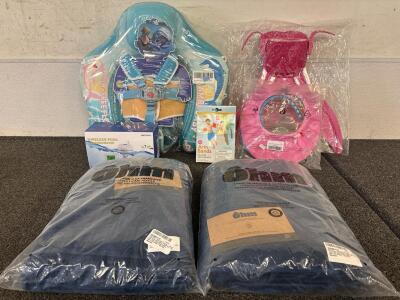 Swim Lot (1) Mambo Baby Float (1) Wireless Pool Thermometer (1) Pink Mermaid Fin (1) Intex Deluxe Arm Band Floats (3) Baby Bathing Shamooo Face Guards (2) 6 Piece Towel Sets