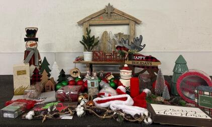 Christmas Lot Wooden Baby Jesus And 3 Wisemen Wall Art Wooden Sleigh Various Ornaments and Garland And More SEE PICTURES