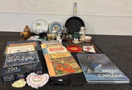 Antique Lot Various NickNacks Smithsonian Collection Of Country Music Tapes Various Books Including Cross Stitching And Animal Books
