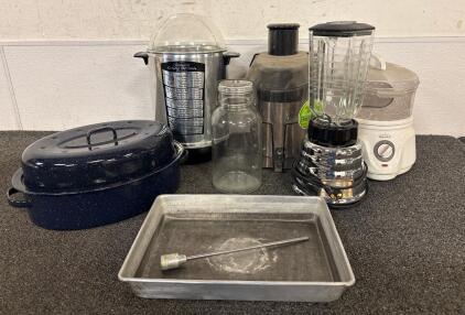 Kitchen Lot (1) Sunbeam Carousel Rotisserie Broiler (1) Big Mouth Juicer (1) Rival Food Steamer (1) Osterizer Blender And More