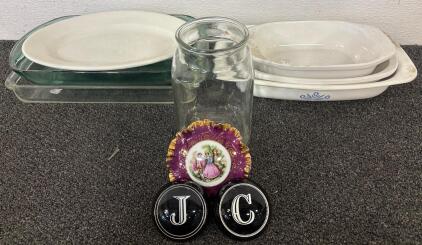 Kitchen Bakeware (1) Glass Jar (1) Antique Victorian Dish with Lid (2) Initial Paper Weights (J And C)