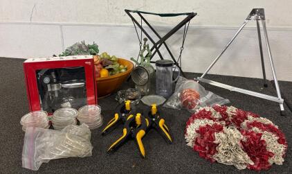 Household Decor (1) Large Wooden Bowl of Fake Fruit And Vegetables (1) Wreath Various Candle Holder Plates And More