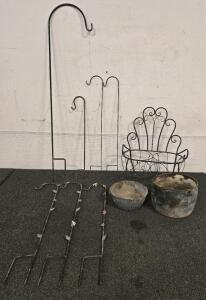 Various Metal Shepherd Hooks, Metal Wire Plant Holder, (2) Old Pots