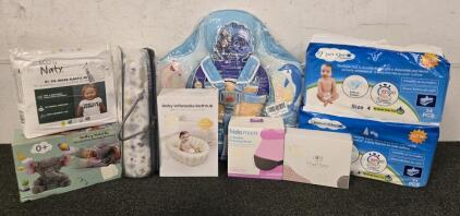 Baby Supplies Including: Chest Baby Float, Diapers, Breathing Toy, Bathtub & More