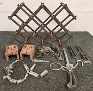 Antique Tools & Traps Including: (2) Wood Bowers USA Marsing Idaho Prairie Dog Traps, Tools, Collapsible Wine Rack