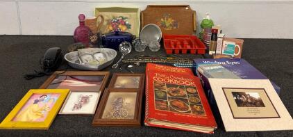 (2) Betty Crocker Cookbooks (1) Colbalt Blue Glass Baking Dish (1) Antique 1970 Ezra Brooks Bottle Various Necklaces And More SEE PICTURES
