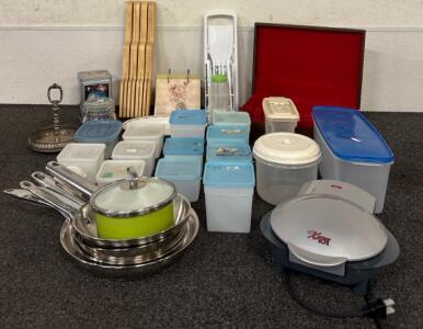 Kitchen Supplies Various Tupperware with Lids (1) Silverware Wooden Box Container (1) Food Slicer with Exchangable Blades (1) Omlet Maker And More