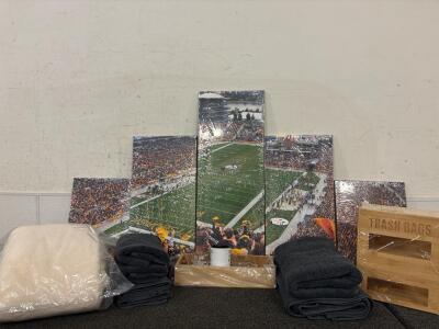 Fathers Day Lot (5) Piece Football Canvas (6) Piece Towel Set (1) Soft Fur Blanket (1) Wooden Trash Bag Organizer