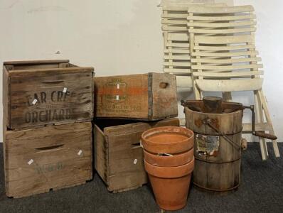 (4) Vintage Wooden Crates, Vintage Ice Cream Maker, Flower Pots & Porch Chairs