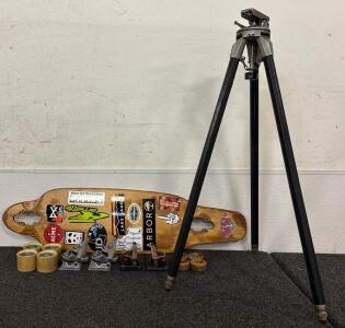 (1) Wooden Longboard with Wheel Brackets and Wheels (1) Antique Camera Tripod