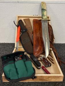 Various Multi Tool Pocket Knives Knives (1) RMEF Knife (1) Mountain Man Knife (1) Sheffield Tool Pouch with Various Tools