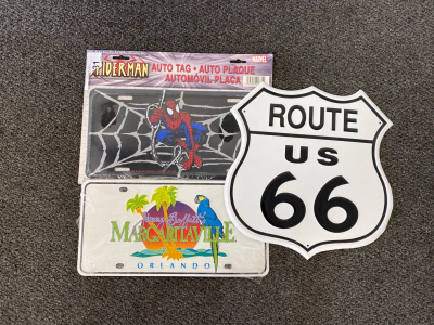 (2) Car Plaques and Route 66 Sign