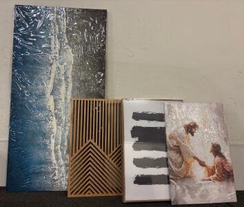 Wall Art Lot (1) Ocean Canvas(24x47) 2 Piece Wooden Mountain Wall Art(23x47) (1) 3 Piece Abstract Wall Canvases (16x24 each) And (1) Jesus Watercolor Canvas (16x23)
