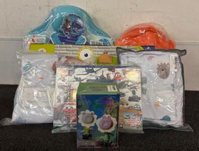 Baby Lot (1) Baby Water Floatie Chair (1) Pok&eacute;mon Stuffed Animal (1) Wooden Crocodile Wall Game (1) 3 Piece Crib Set (1) Crib Sheet and Matching Pillowcase (1) Cara Activity Pad (1) Bubble Machine