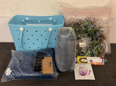 BRAND NEW PRODUCTS!! Including (1) Blue Rubber Tote Bag, (1) UnHide Squish Faux Fur Pillow, (1) Terry Cloth Towel Set, And So Much More!!