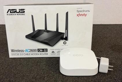 (1) ASUS CM-32 AC2600 DOCSIS 3.0 Cable Modem Router And (1) Eero Pro 6E Tri-Band Mesh Wi-Fi 6E Router