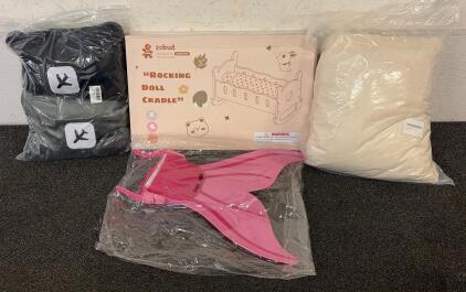 BRAND NEW PRODUCTS!! (1) Robotime Rocking Doll Cradle, (1) Pink Mermaid Swimming Tail, (1) Sherpa Throw Blanket for Couch Soft Warm Thick Blanket Cozy and Warm, And More!!
