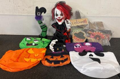 Halloween Lot (1) Set Witch Legs with Yard Stakes (1) Clown Doll (1) Autumn Wooden Sign (4) Halloween Bags (1) Jack-o&rsquo;-lantern Flag